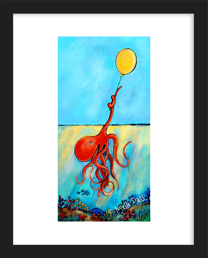 Possibility Octopus holding onto a yellow balloon Paper / 11x14 white border/Image is 5.5x11 / Black Frame