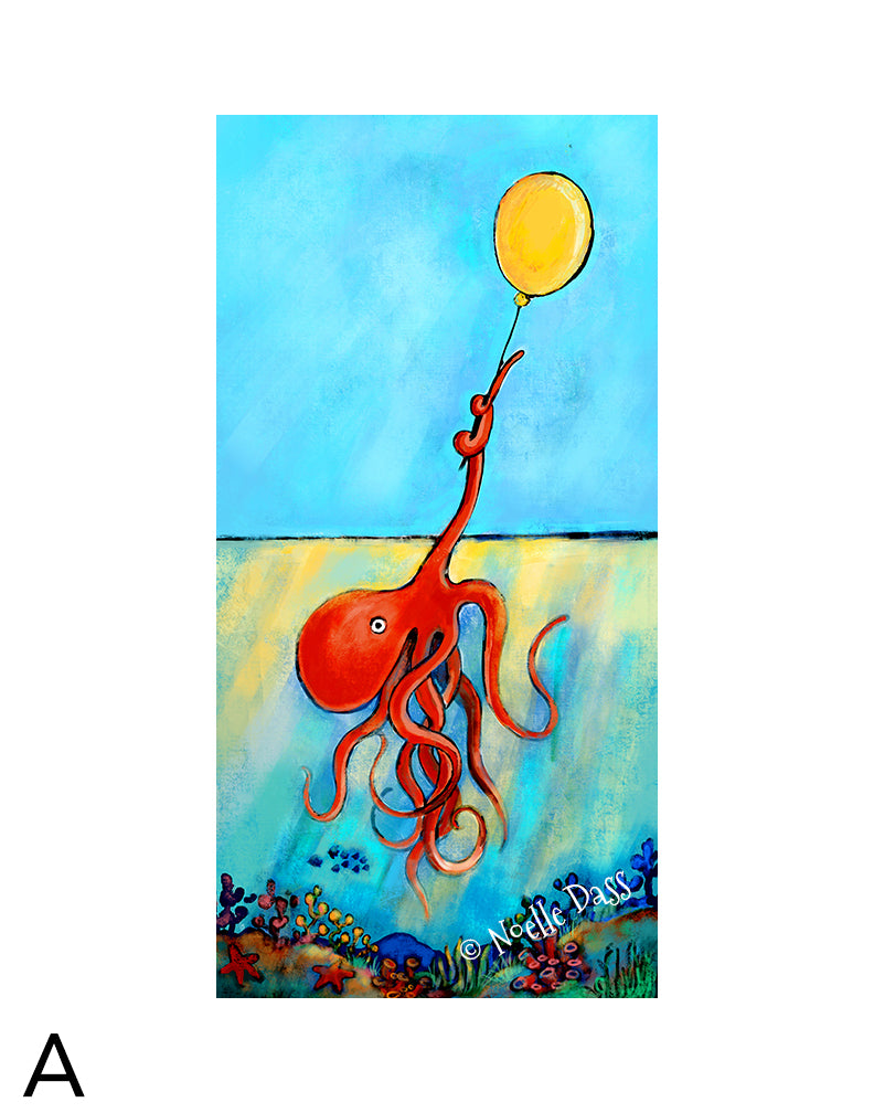 Possibility Octopus holding onto a yellow balloon matted archival paper art print, 11x14 with white border, by Noelle Dass