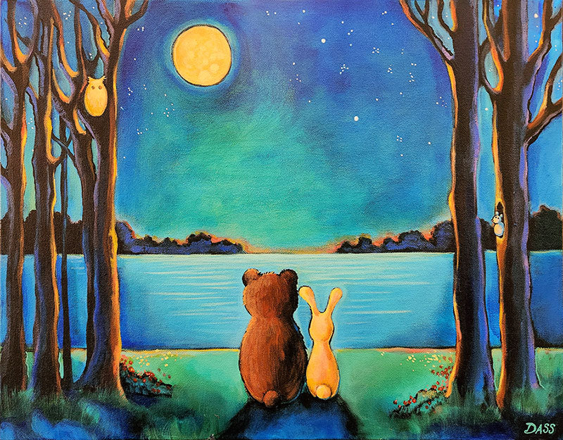 Original painting of bear and rabbit under the moonlight by Noelle Dass