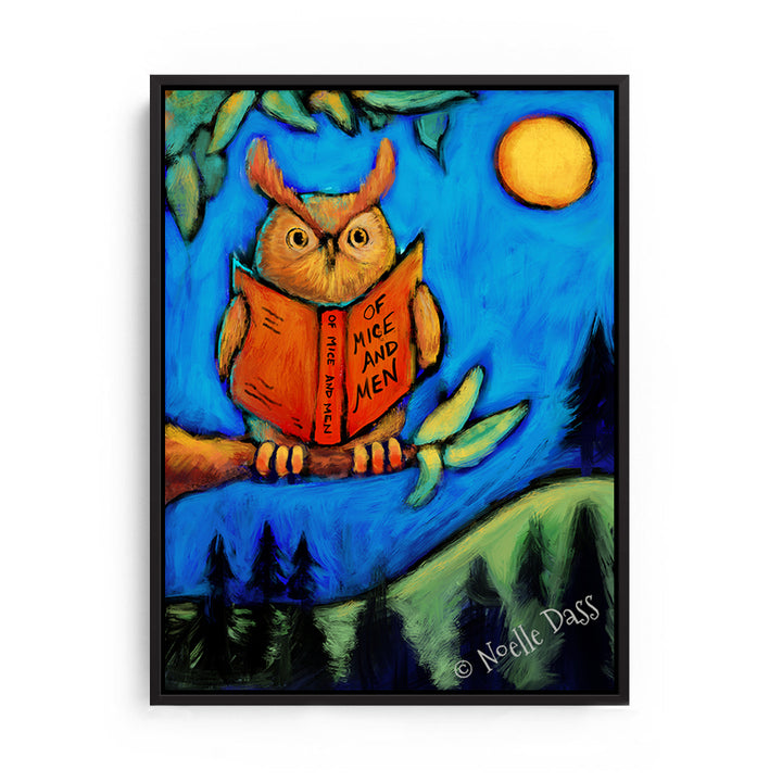 Owl Reading Of Mice and Men Canvas / 11x14 / Black Floating Frame
