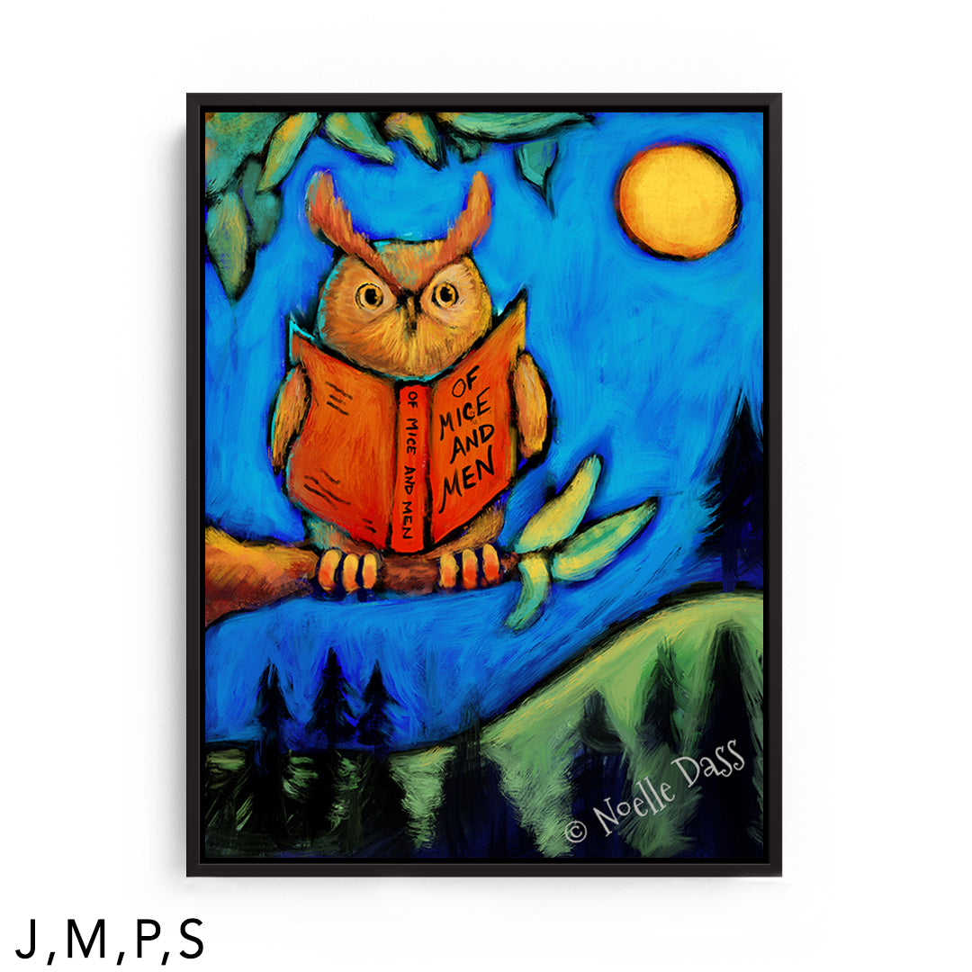 Owl Reading Of Mice and Men S: Framed Canvas - Black 30x40 in.