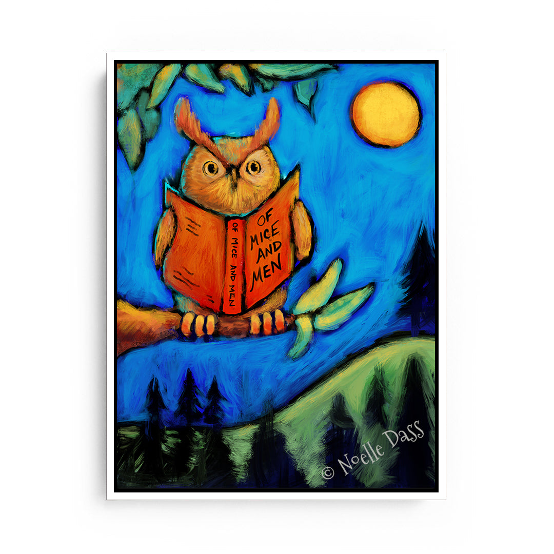Owl Reading Of Mice and Men Canvas / 11x14 / White Floating Frame