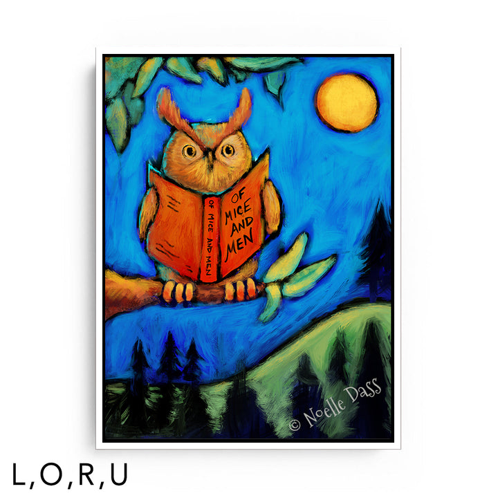 Owl Reading Of Mice and Men U: Framed Canvas - White 30x40 in.