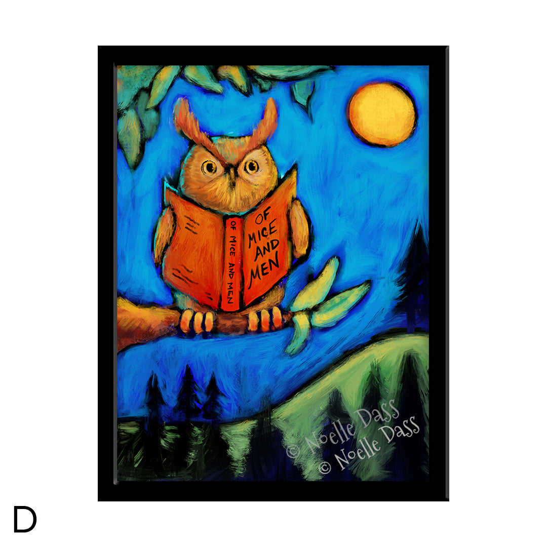 Owl Reading Of Mice and Men D. Framed 6x8 in. paper