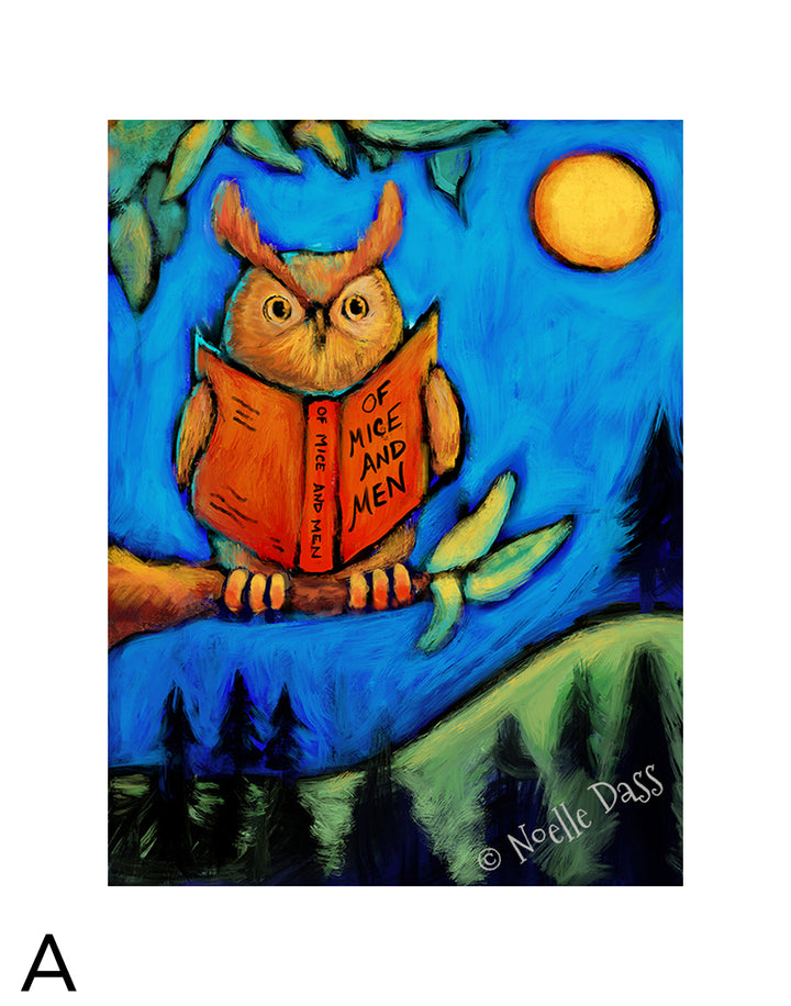 Owl Reading Of Mice and Men A. 11x14 in. archival paper with white border - image is 8x10