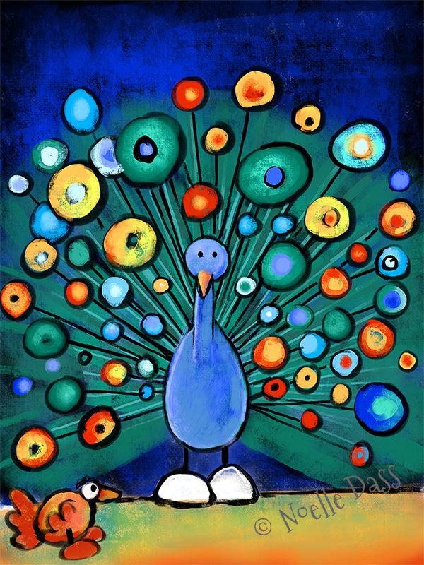 Peacock displaying feathers to woo an unimpressed chicken, funny colorful bird art print