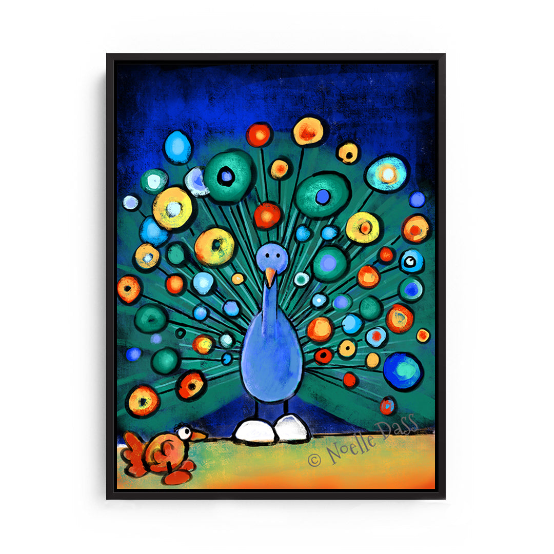 Peacock Wooing Chicken Canvas / 11x14 / Black Floating Frame