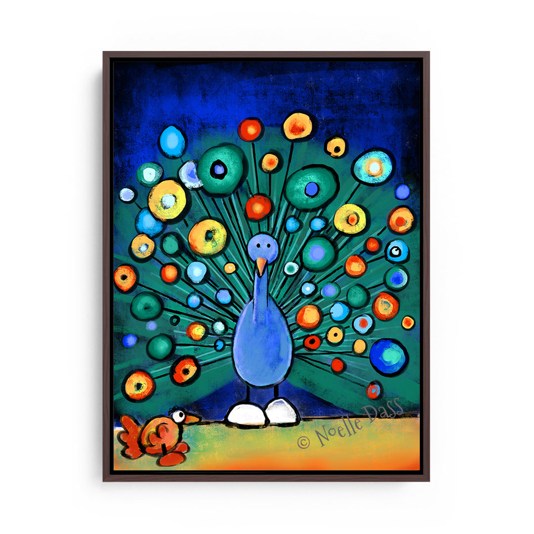 Peacock Wooing Chicken Canvas / 11x14 / Espresso Floating Frame