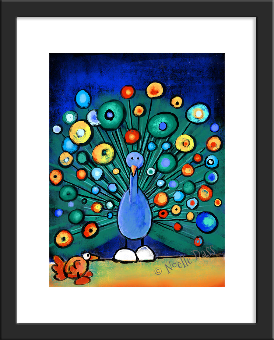 Peacock Wooing Chicken Paper / 11x14 with white border/image is 8x10 / Black Frame