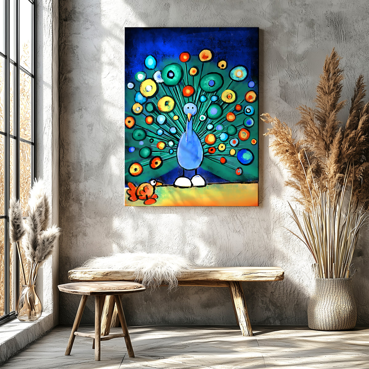 Peacock displaying feathers to woo an unimpressed chicken, funny colorful bird art print