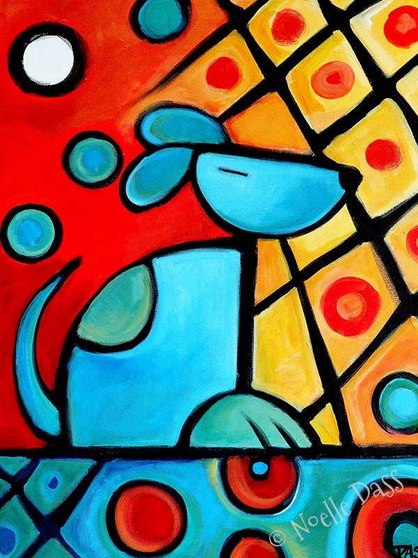 Dog painted in Picasso cubist style with bold geometric shapes, modern dog art print