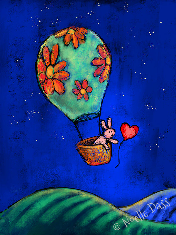 Rabbit reaching upward for a red balloon in a flower field, hopeful rabbit art print