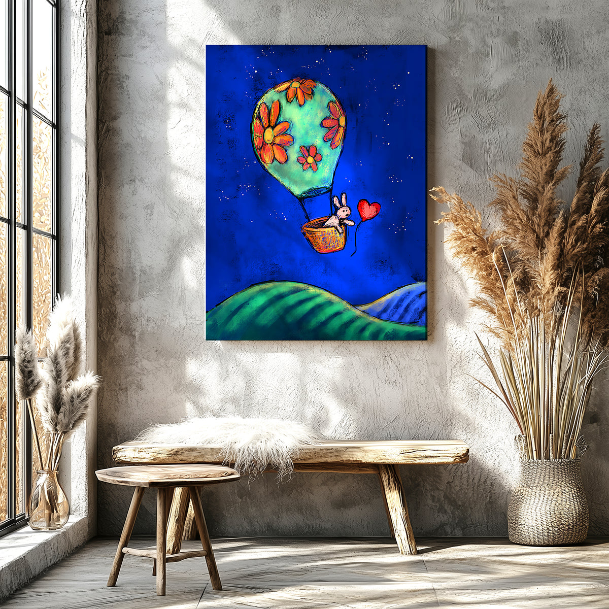 Rabbit reaching upward for a red balloon in a flower field, hopeful rabbit art print