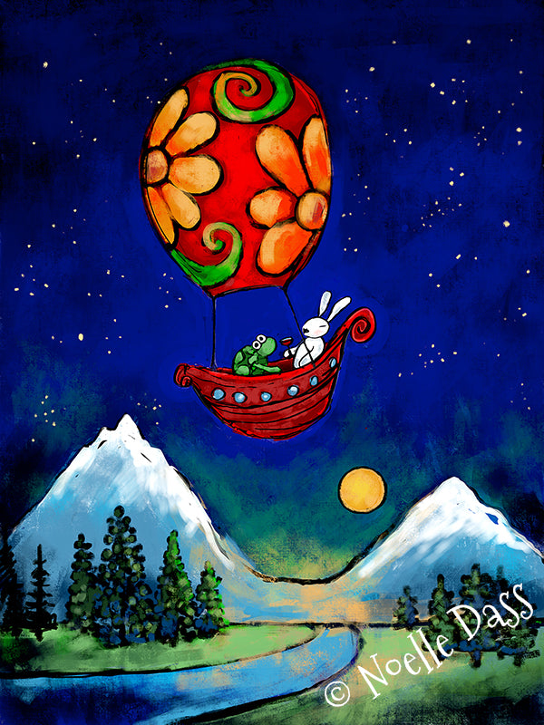 Rewrite Your Story Rabbit and Turtle in Hot Air Balloon Paper / 16x20 / Unframed