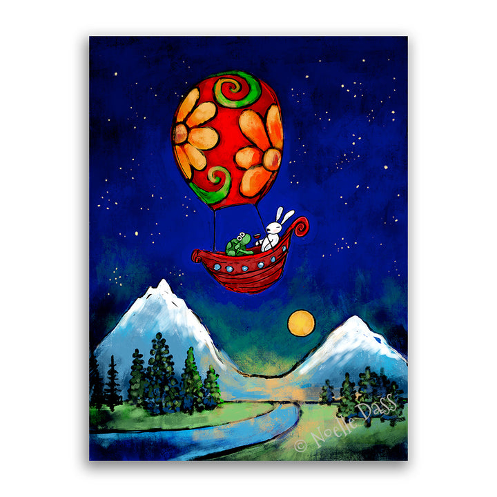Rewrite Your Story Rabbit and Turtle in Hot Air Balloon Canvas / 11x14 / Unframed