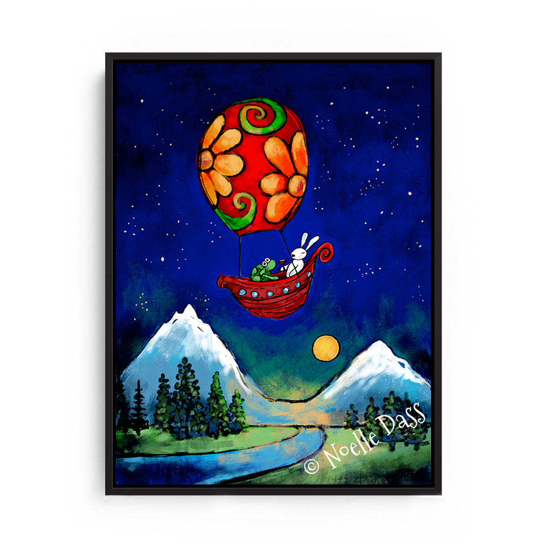 Rewrite Your Story Rabbit and Turtle in Hot Air Balloon Canvas / 11x14 / Black Floating Frame