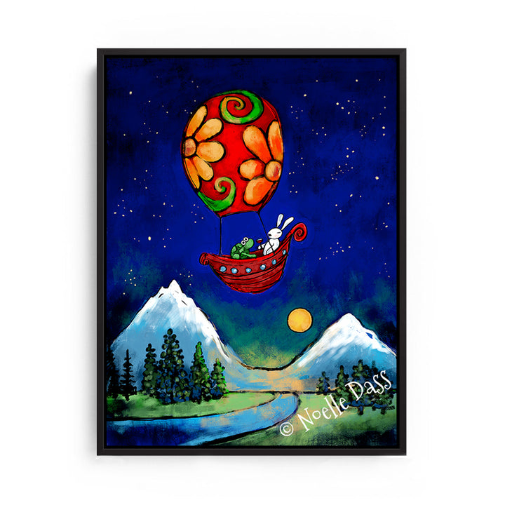 Rewrite Your Story Rabbit and Turtle in Hot Air Balloon Canvas / 11x14 / Black Floating Frame
