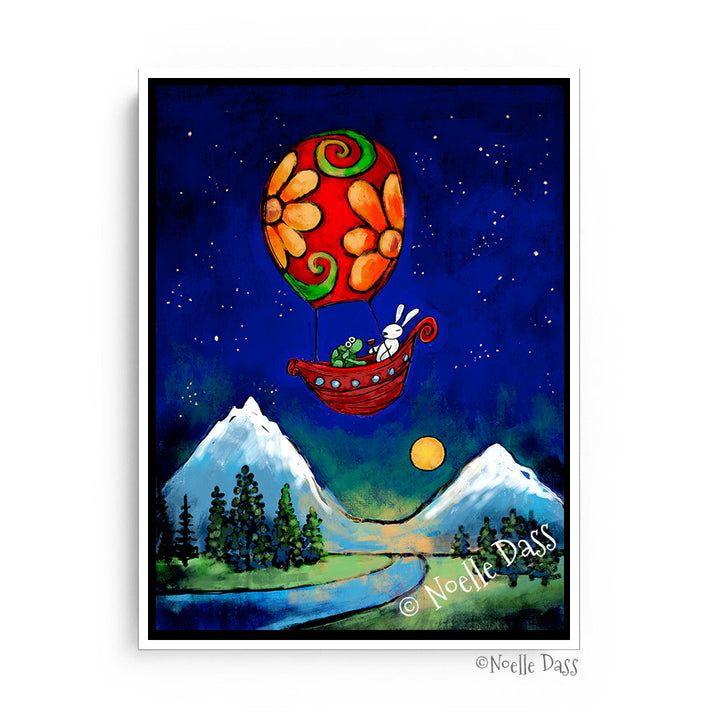 Rewrite Your Story Rabbit and Turtle in Hot Air Balloon Canvas / 11x14 / White Floating Frame