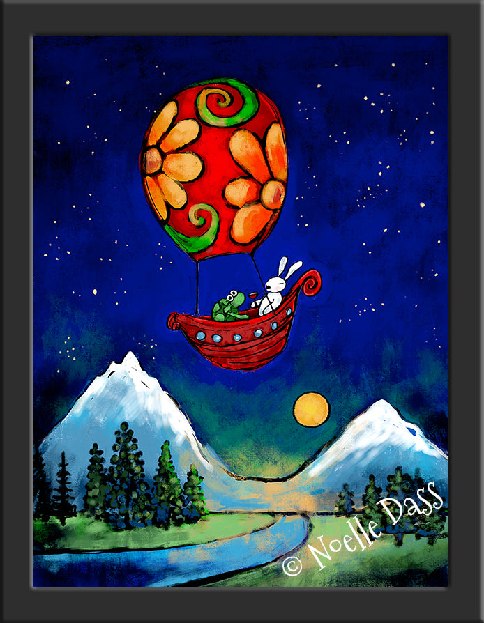 Rewrite Your Story Rabbit and Turtle in Hot Air Balloon Paper / 6x8 / Framed