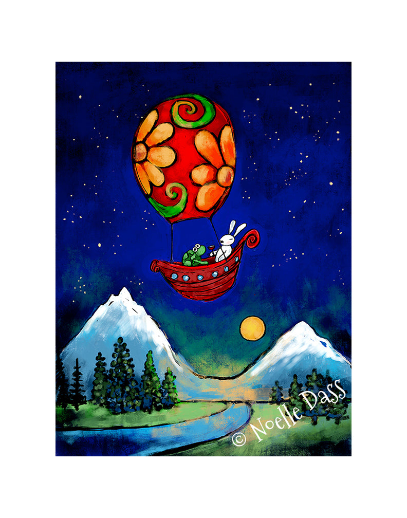 Rewrite Your Story Rabbit and Turtle in Hot Air Balloon Paper / 11x14 with white border/image is 8x10 / Unframed