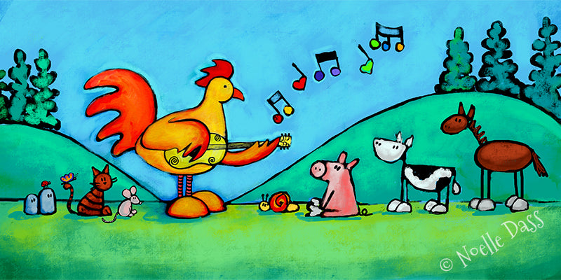 Rooster Playing Guitar For Snail and Friends Paper / 7x14 / Unframed