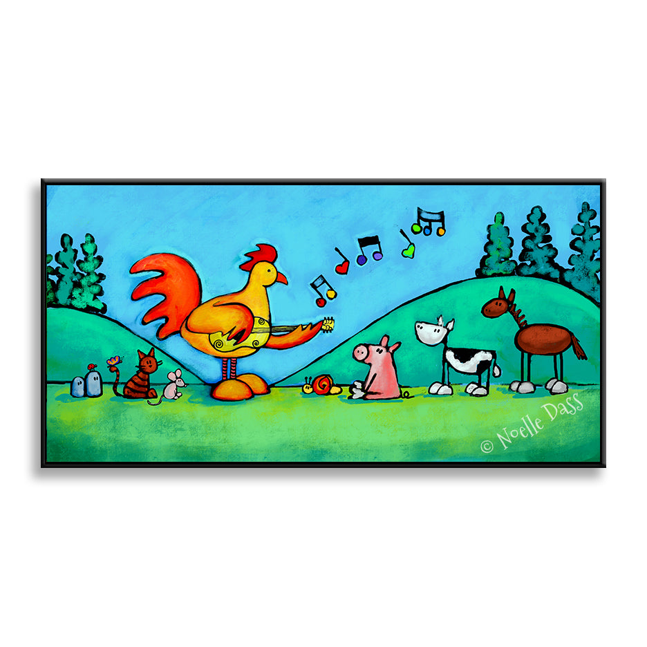 Rooster Playing Guitar For Snail and Friends Canvas / 15x30 / Black Floating Frame