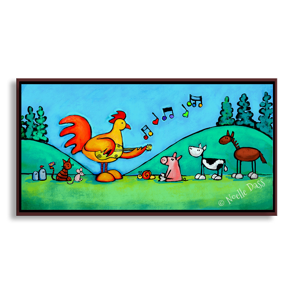 Rooster Playing Guitar For Snail and Friends Canvas / 15x30 / Espresso Floating Frame