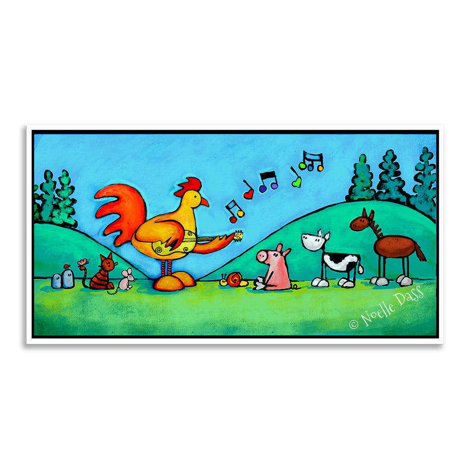 Rooster Playing Guitar For Snail and Friends Canvas / 15x30 / White Floating Frame