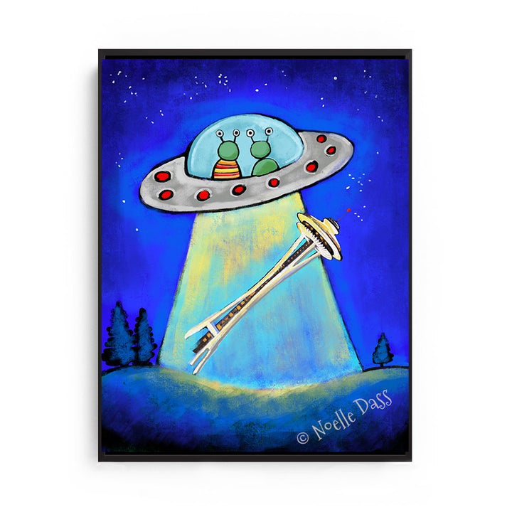 Space Needle Aliens Abducting Souvenir Canvas / 30x40 / Black Floating Frame