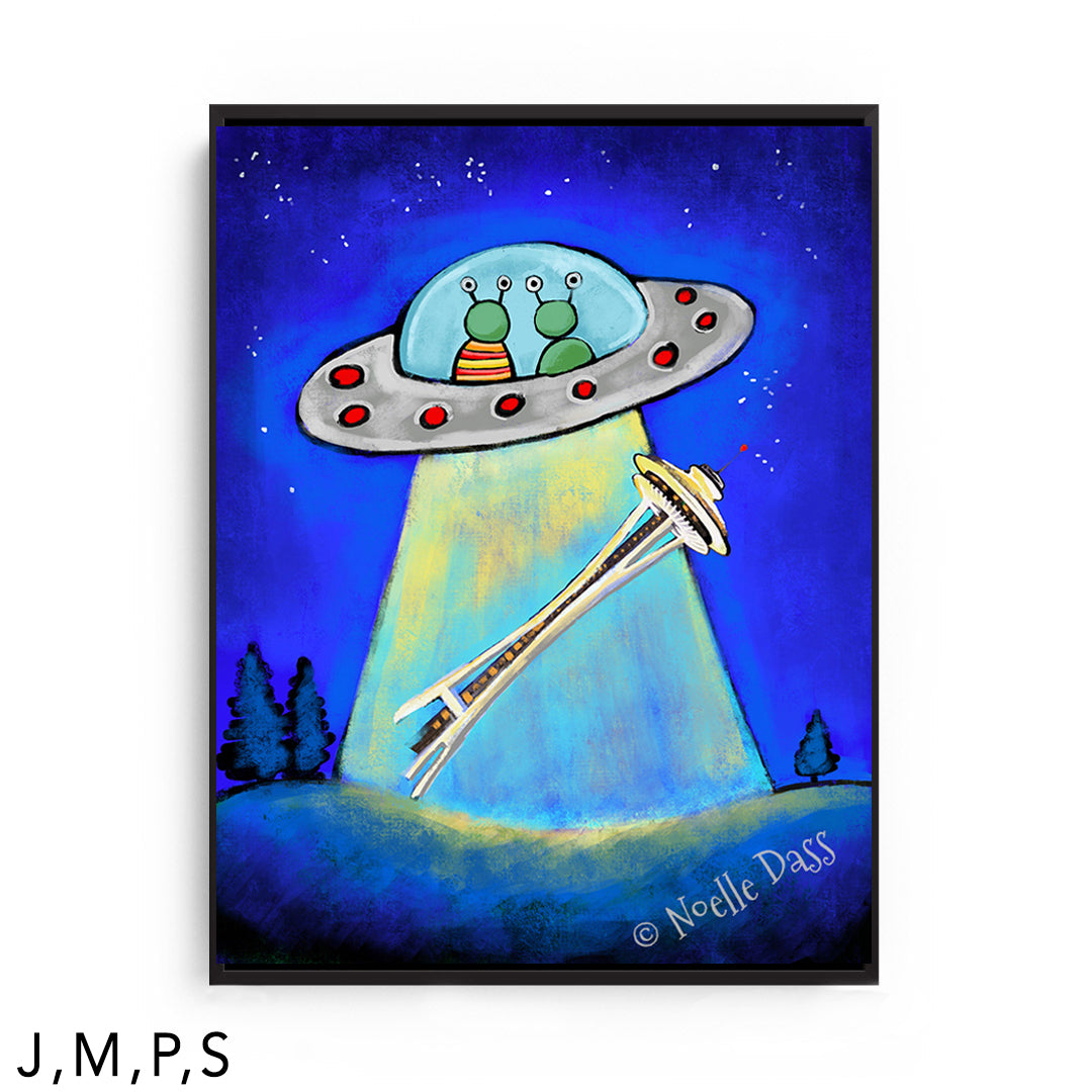Space Needle Aliens Abducting Souvenir S: Framed Canvas - Black 30x40 in.