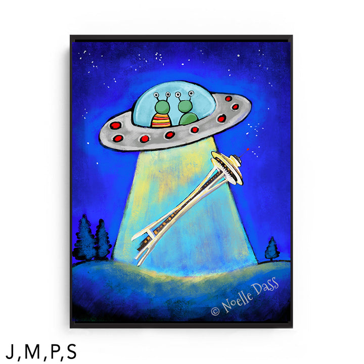 Space Needle Aliens Abducting Souvenir S: Framed Canvas - Black 30x40 in.