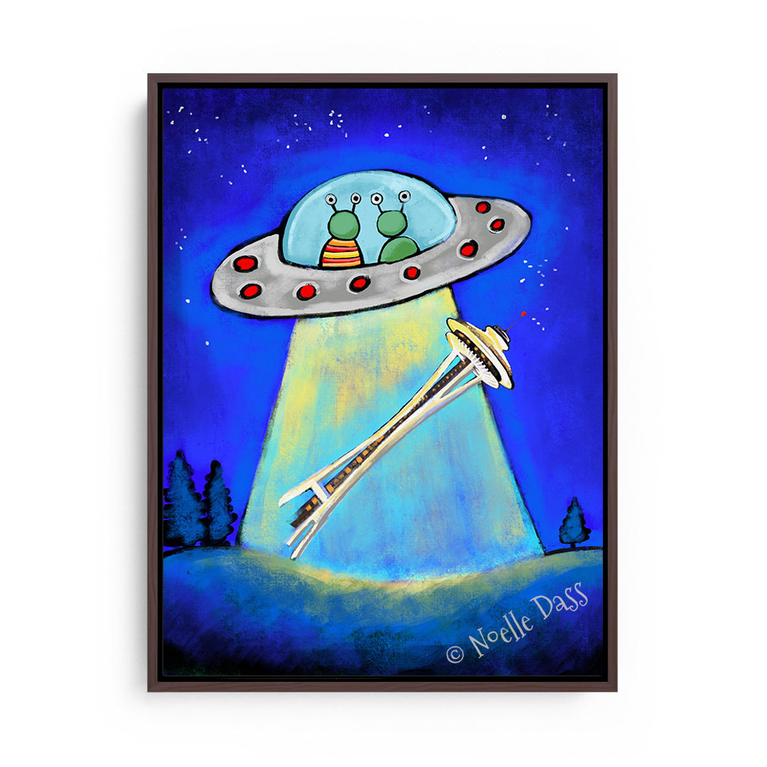 Space Needle Aliens Abducting Souvenir Canvas / 30x40 / Espresso Floating Frame