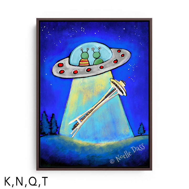 Space Needle Aliens Abducting Souvenir T: Framed Canvas - Brown 30x40 in.