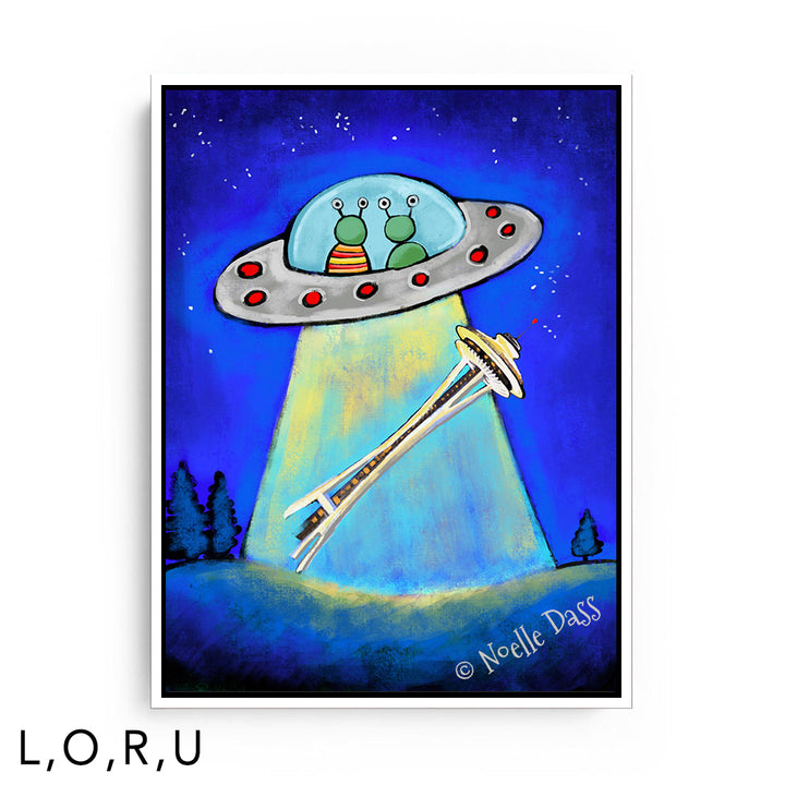 Space Needle Aliens Abducting Souvenir U: Framed Canvas - White 30x40 in.