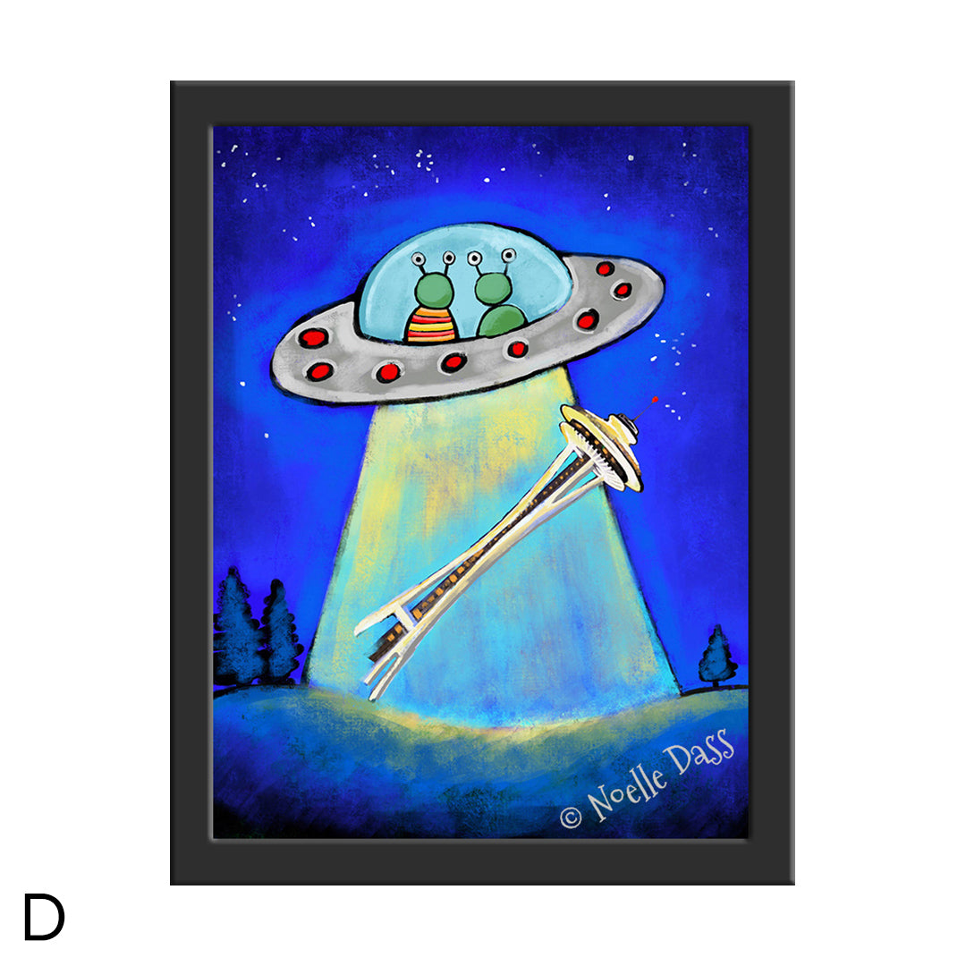 Space Needle Aliens Abducting Souvenir D. Framed 6x8 in. paper