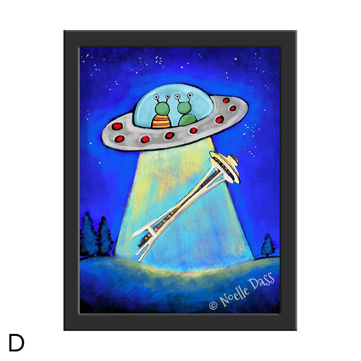 Space Needle Aliens Abducting Souvenir D. Framed 6x8 in. paper