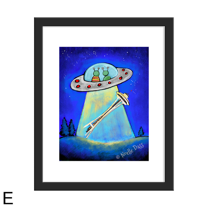 Space Needle Aliens Abducting Souvenir E. Framed 11x14 paper with white border