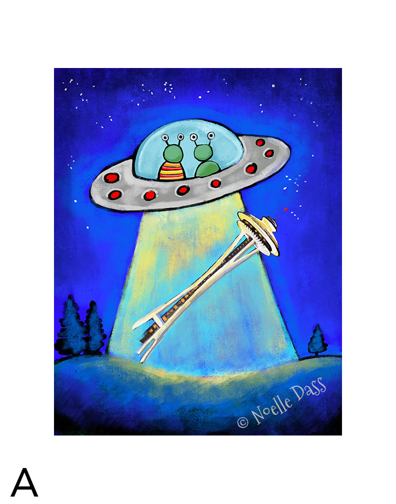 Space Needle Aliens Abducting Souvenir matted archival paper art print, 11x14 with white border, by Noelle Dass