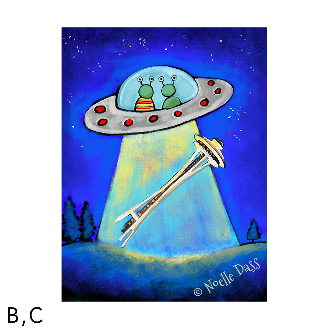 Space Needle Aliens Abducting Souvenir C. Archival Paper - Image is 18x24 in.