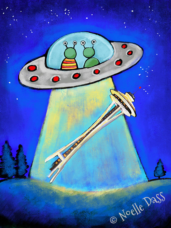 UFO aliens abducting souvenirs near the Space Needle, funny Seattle alien art print