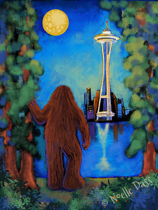 Bigfoot gazing at the Space Needle in Seattle, PNW Bigfoot art print