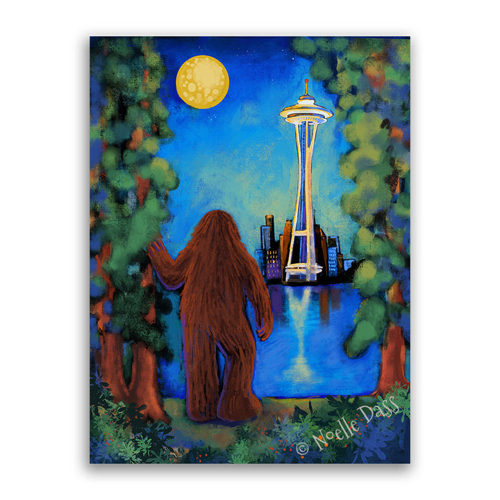 Bigfoot Gazing at Space Needle Canvas / 11x14 / Unframed
