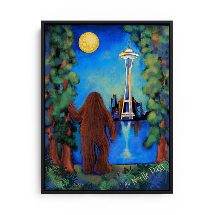 Bigfoot Gazing at Space Needle Canvas / 11x14 / Black Floating Frame