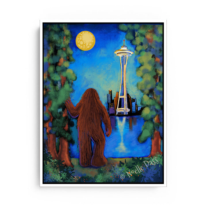 Bigfoot Gazing at Space Needle Canvas / 11x14 / White Floating Frame