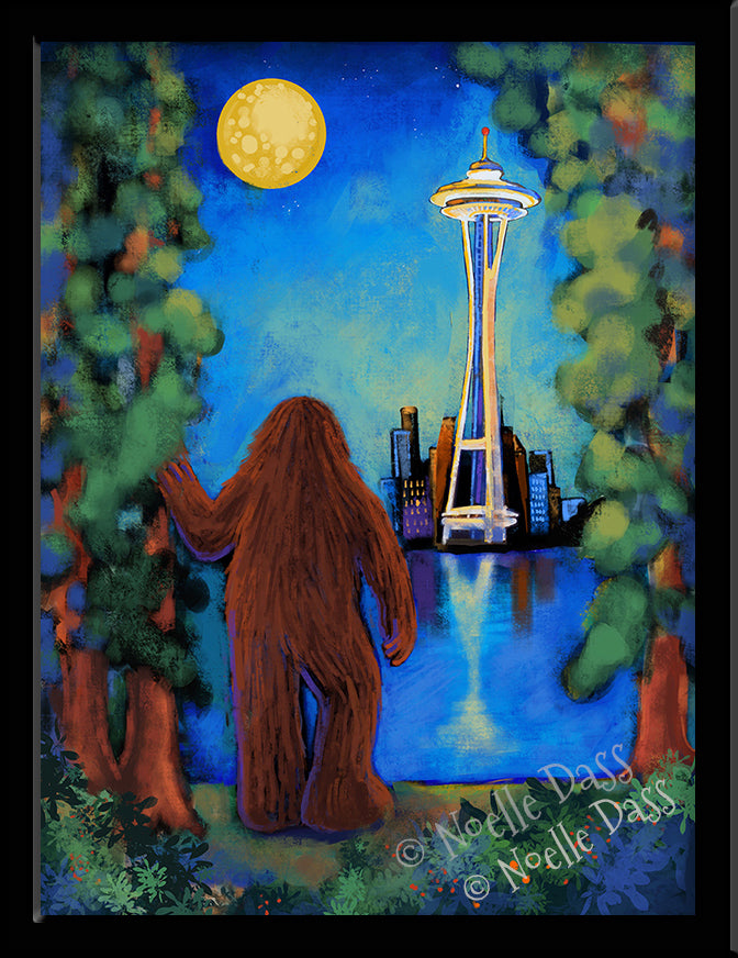 Bigfoot Gazing at Space Needle Paper / 6x8 / Framed