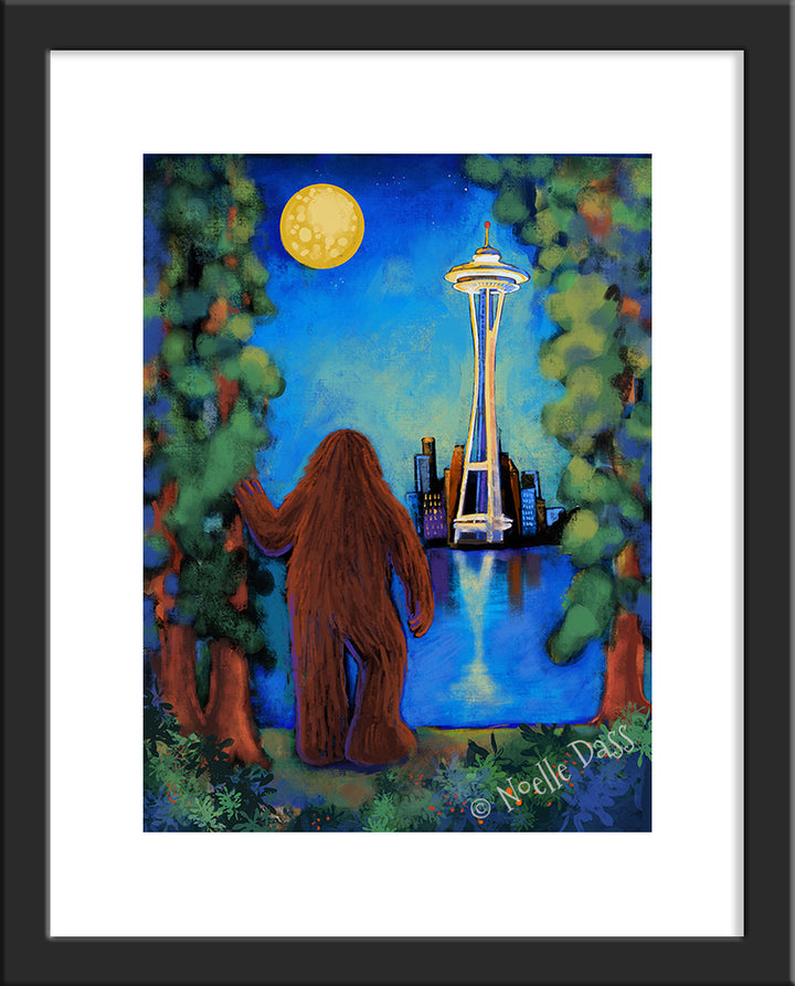 Bigfoot Gazing at Space Needle Paper / 11x14 with white border/image is 8x10 / Black Frame