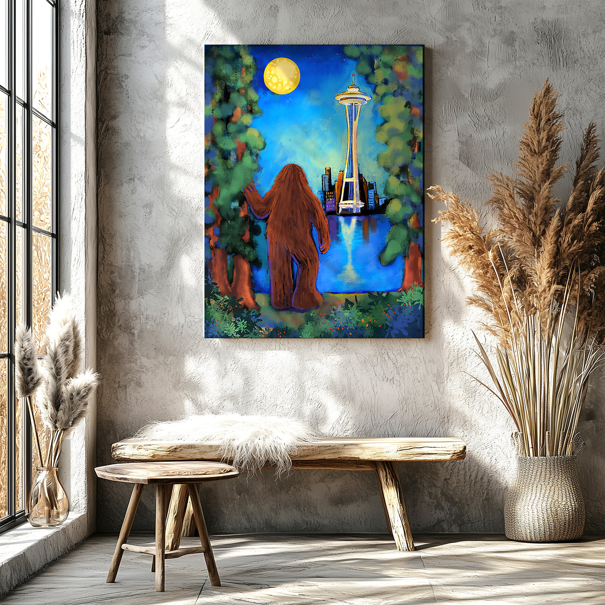 Bigfoot gazing at the Space Needle in Seattle, PNW Bigfoot art print