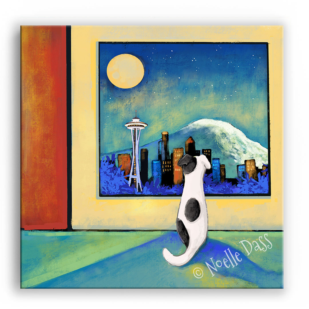 Space Needle Waiting for you | Dog at Window Canvas / 30x30 / Unframed