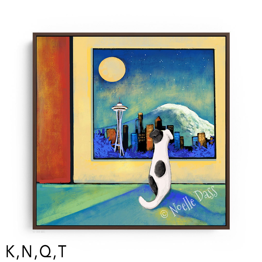 Space Needle Waiting for you framed canvas art print with a brown floating frame by Noelle Dass