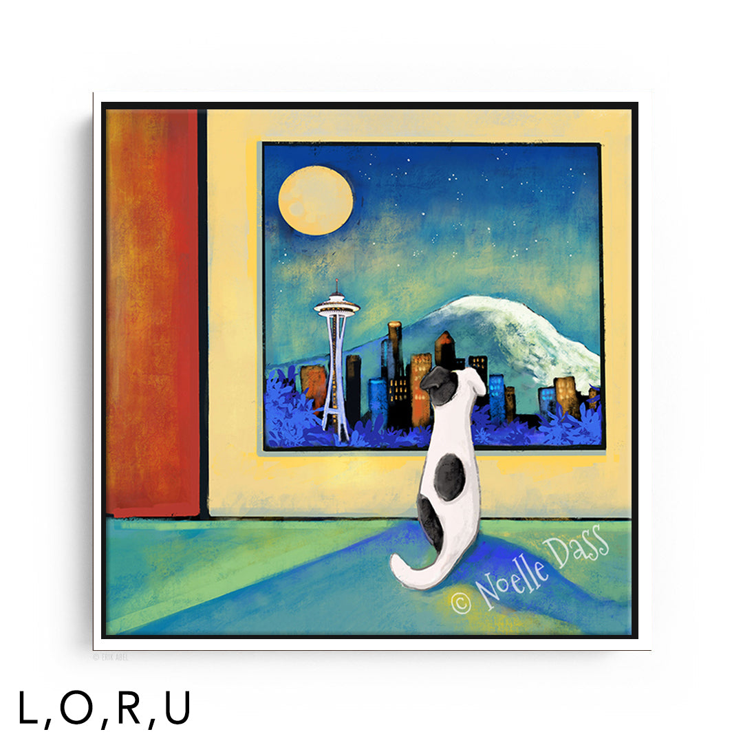 Space Needle Waiting for you framed canvas art print with a white floating frame by Noelle Dass